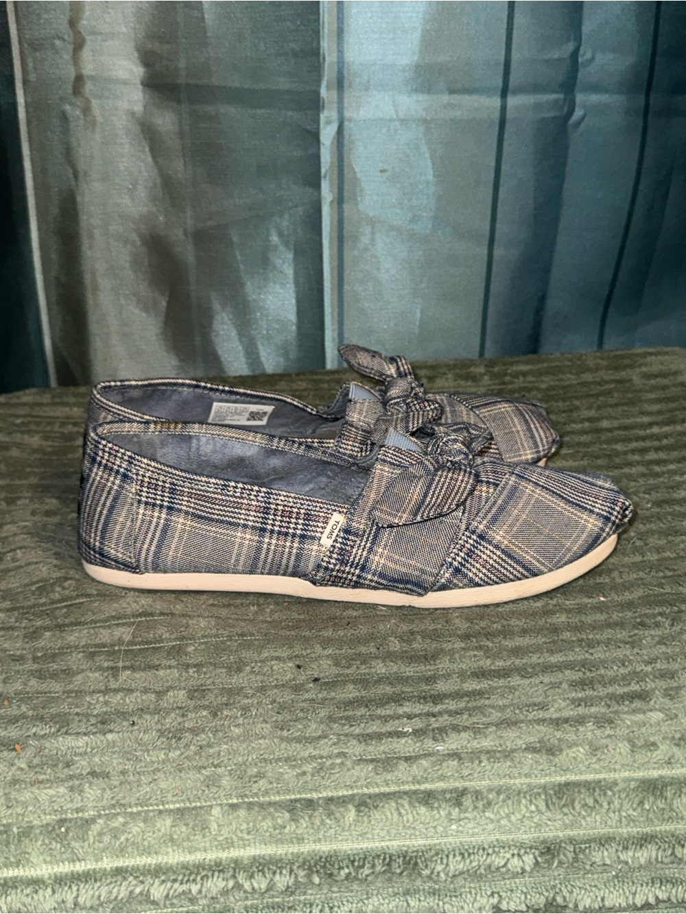 Toms Plaid Bow Slip-On Flats in Blue and Cream